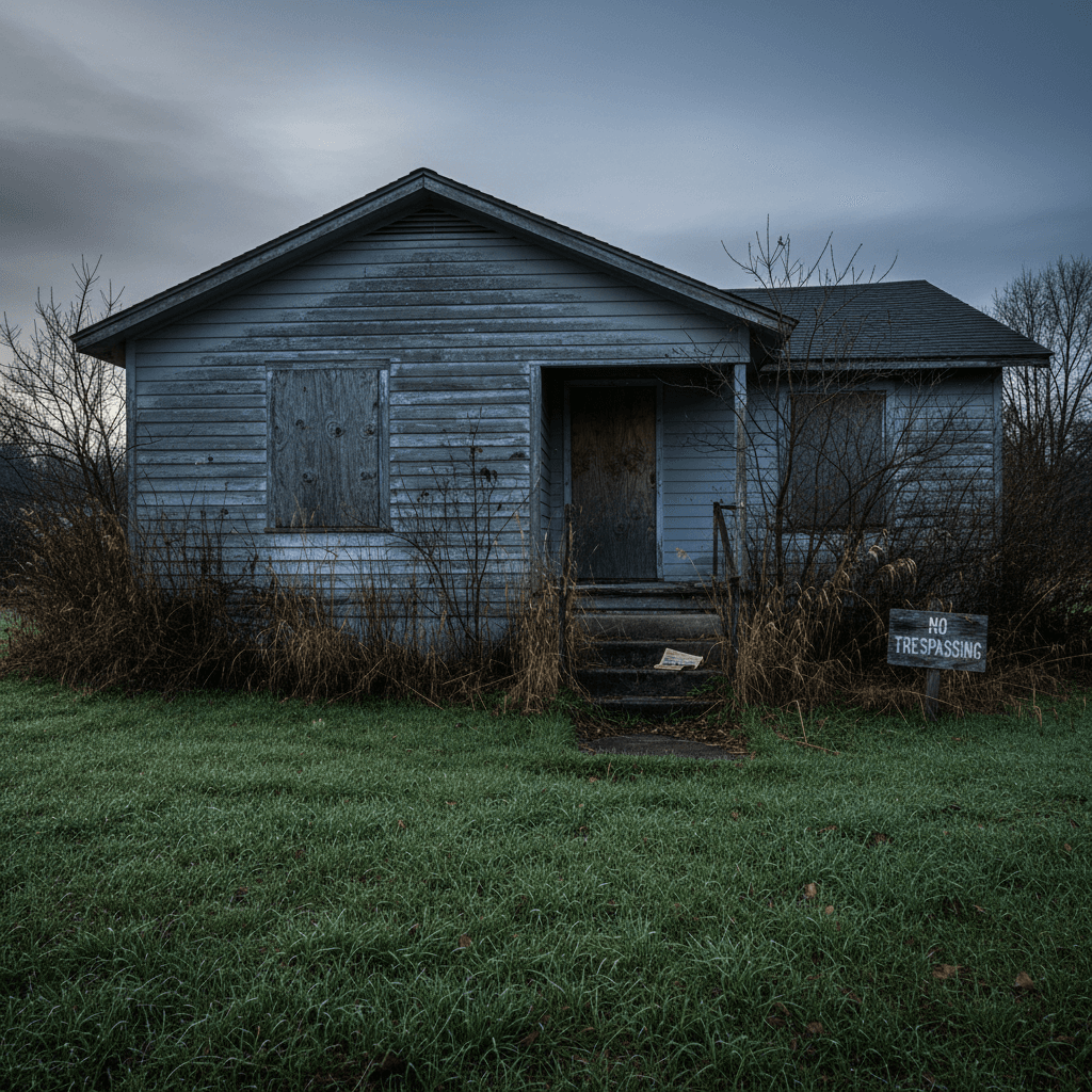 Vacant ranch-style house with overgrown yard and plywood window