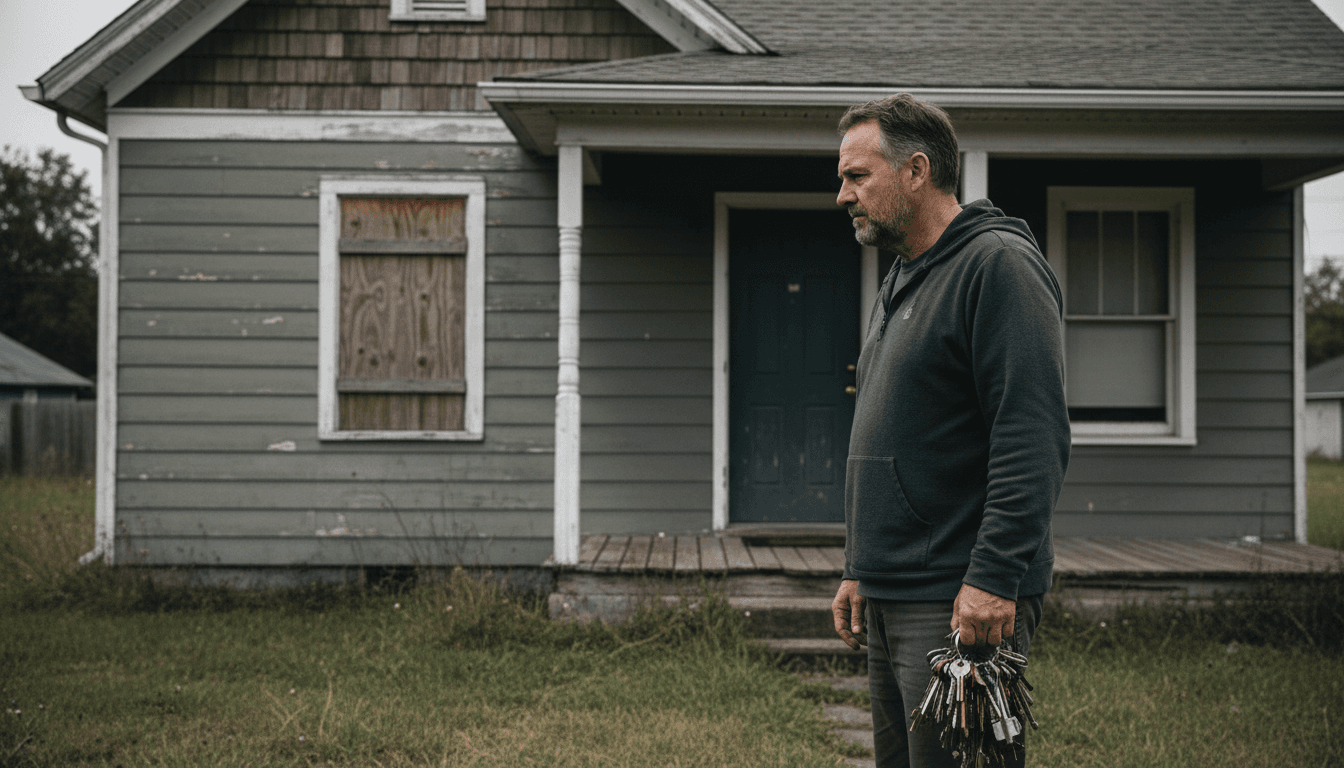 Landlord holding keys on porch of a rental property