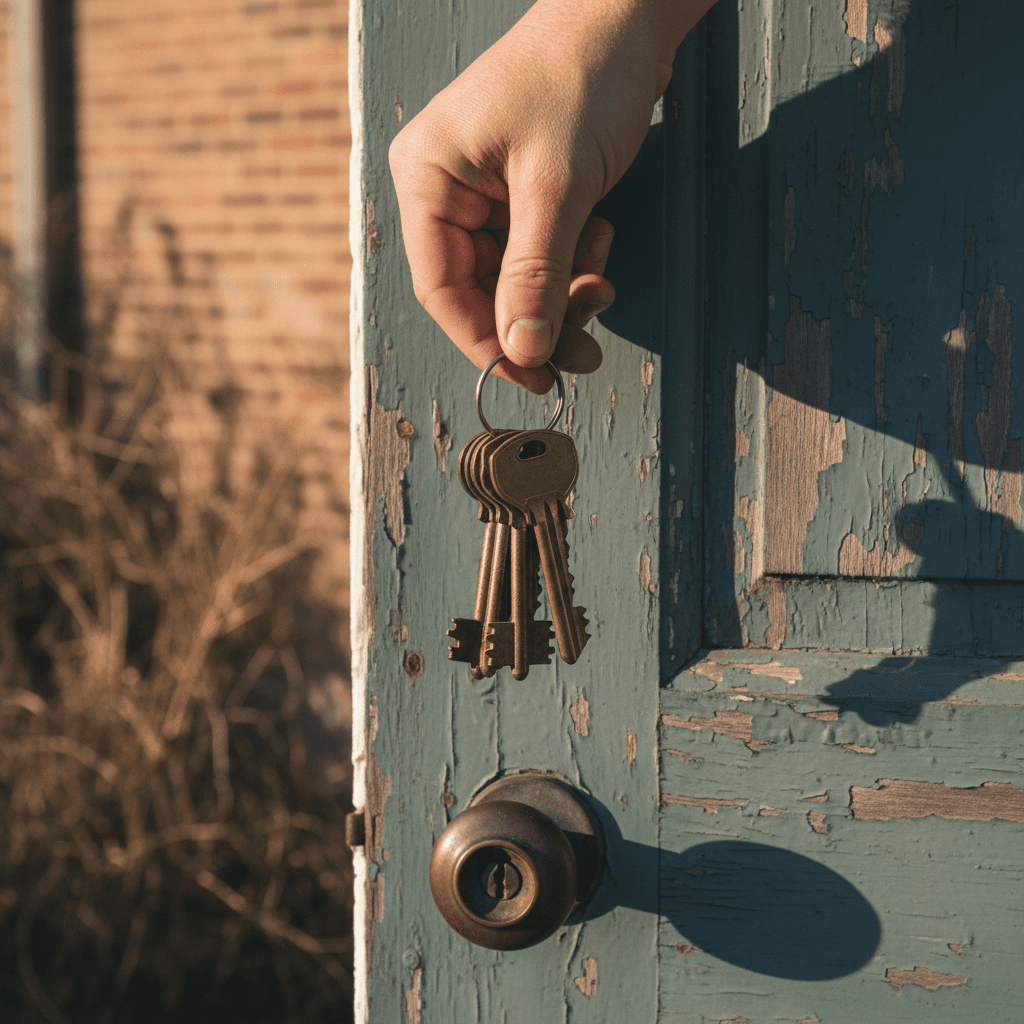 Hand holding house keys in front of a door needing work