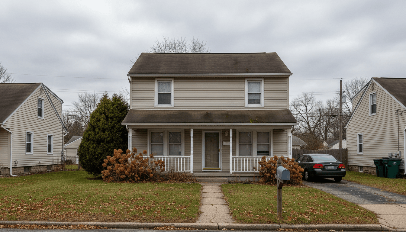 A tired rental home with a leaf-covered lawn on an overcast afternoon