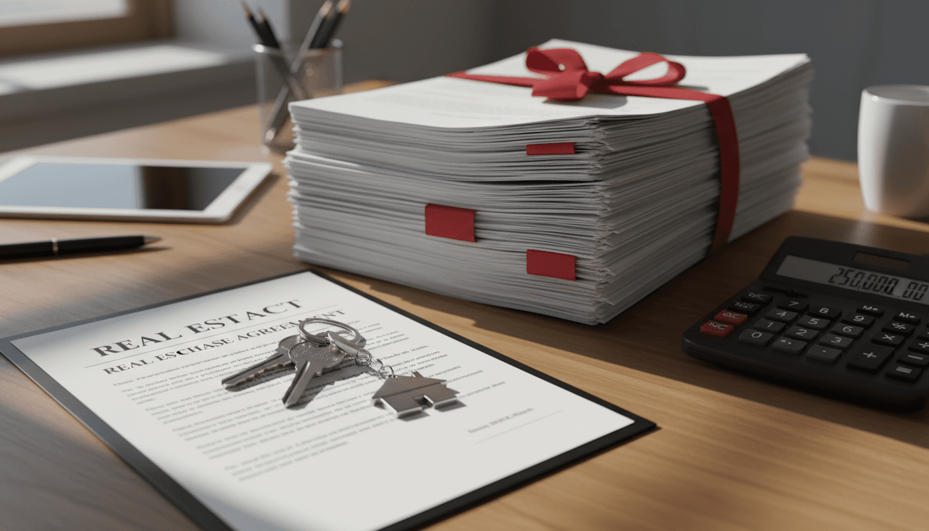 Hands placing house keys on a signed contract with a calculator nearby