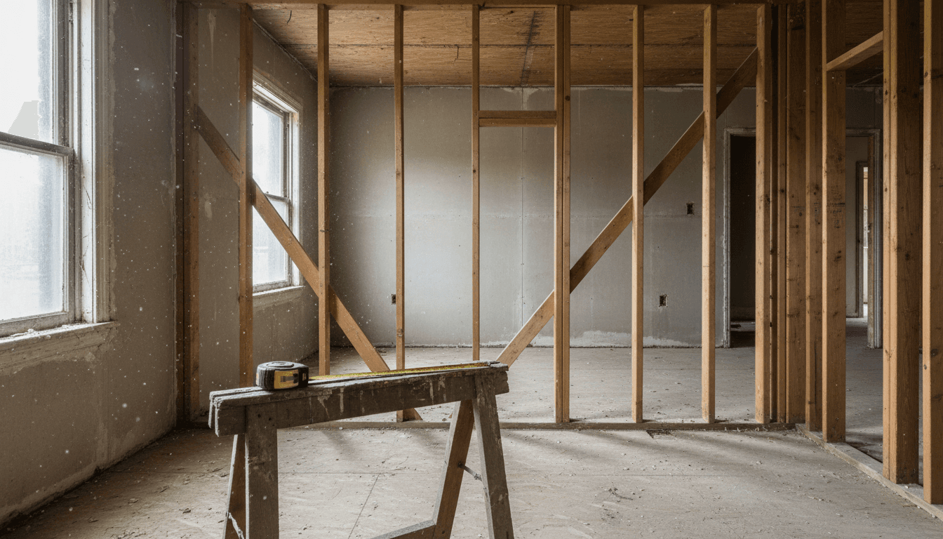 Interior of a rehab home with exposed studs and subfloor