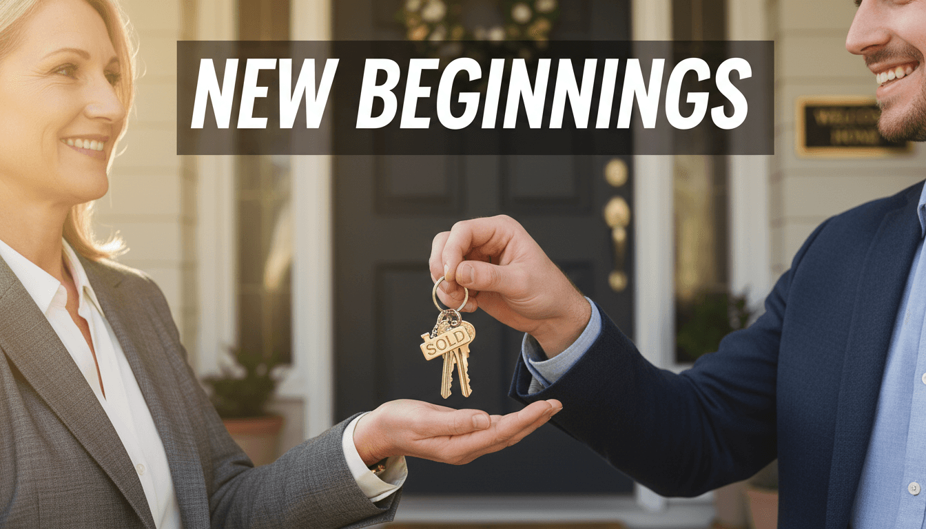 New homeowner receiving keys from real estate agent in warm light