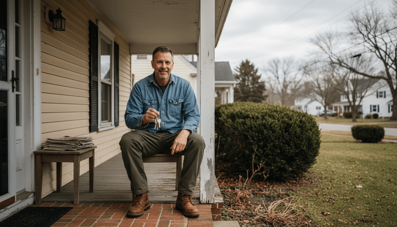 Homeowner standing on the porch of a dated colonial house that needs work