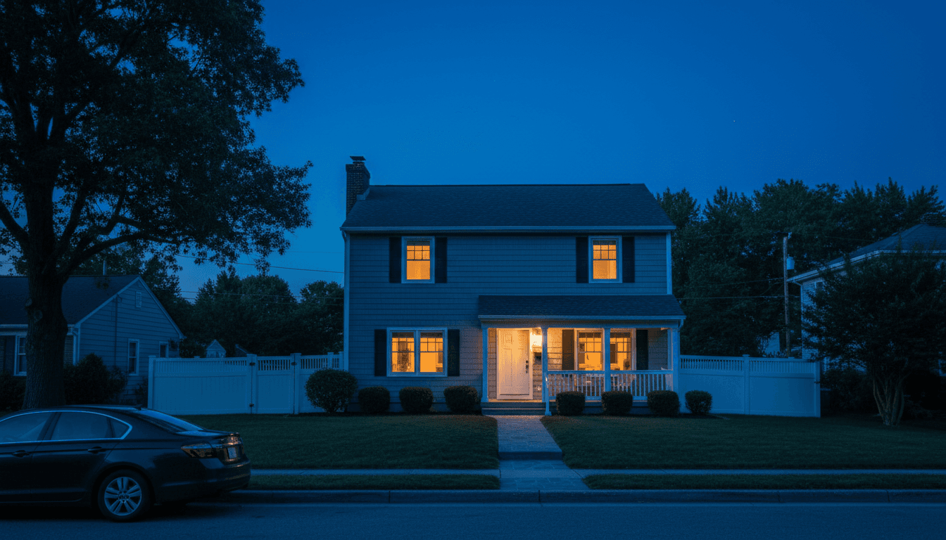 House exterior at dusk with warm light in a window