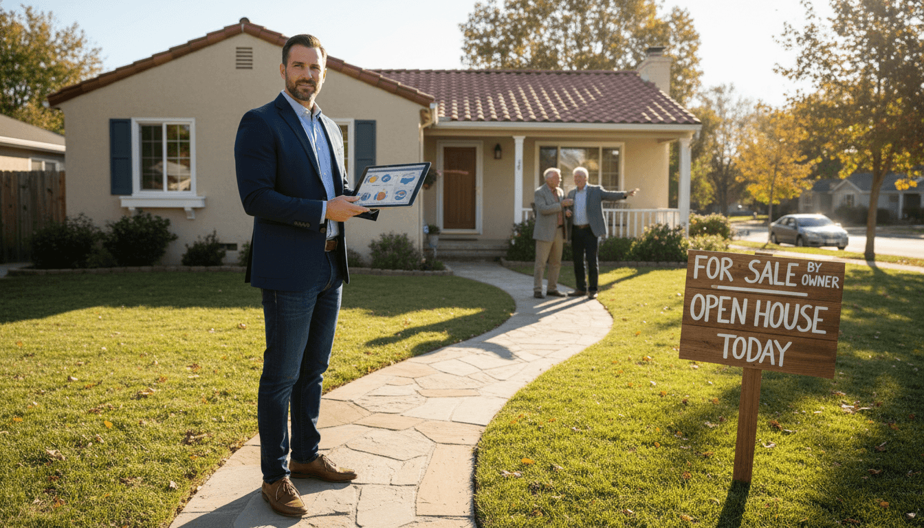 Buyer reviewing property notes on a tablet outside a suburban house