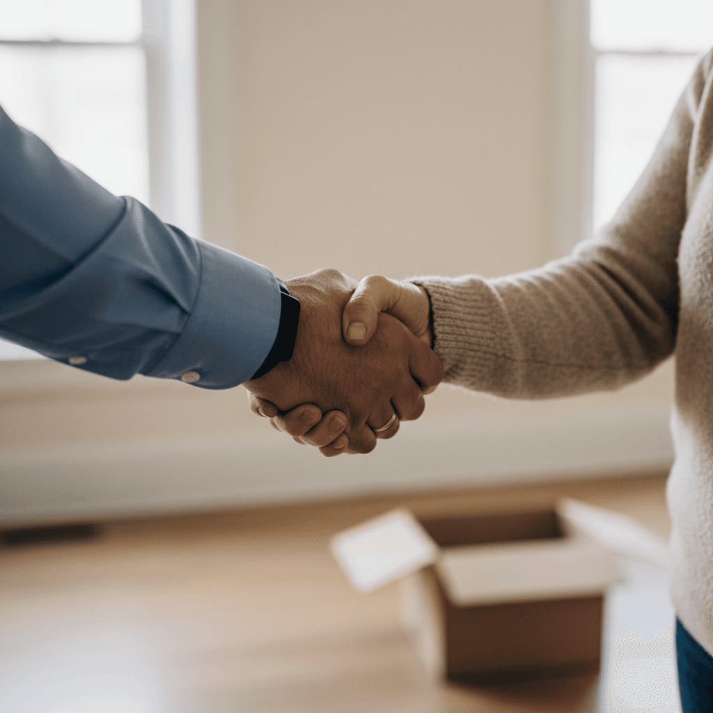 A handshake between a buyer and a homeowner in a room