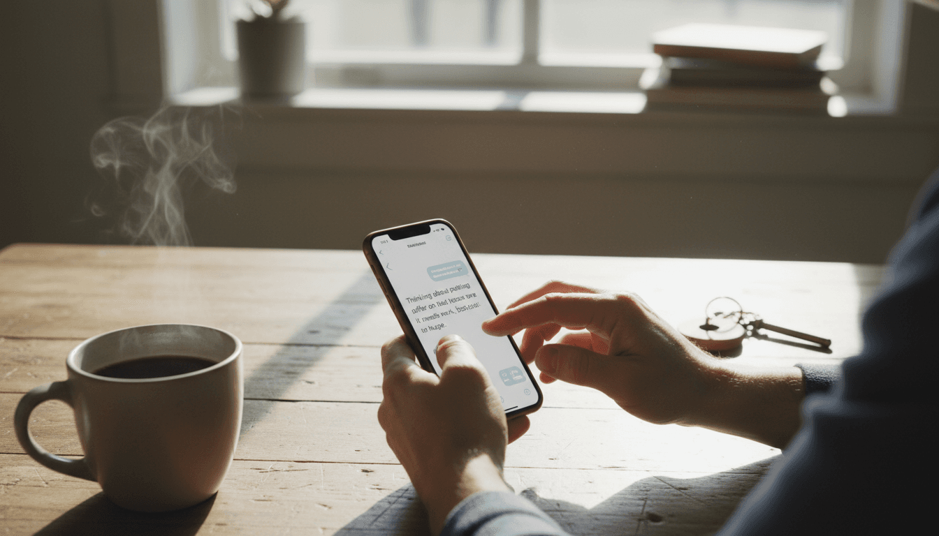 Hands typing a message on a smartphone with coffee and house keys beside it