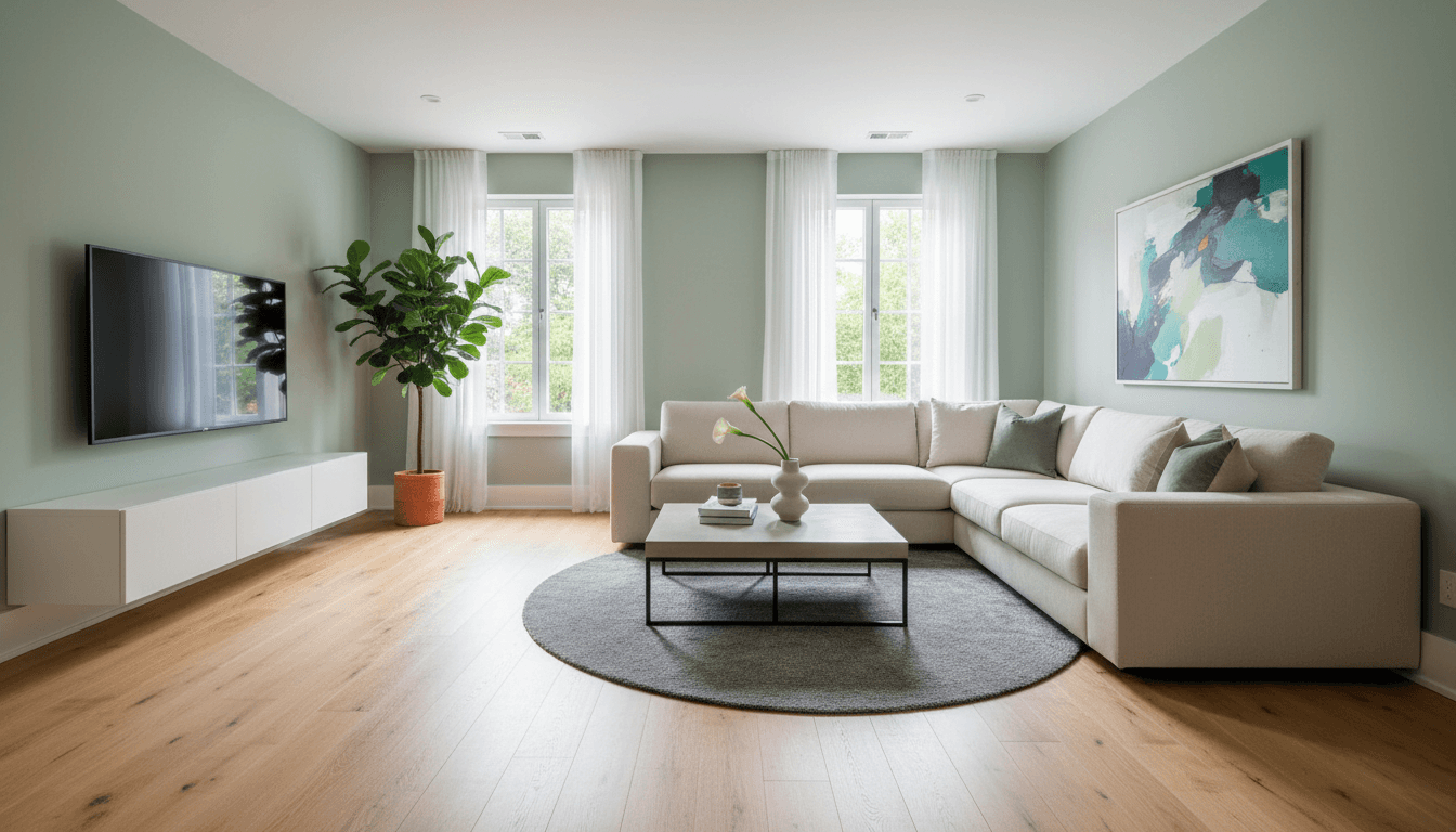 Renovated living room with new flooring and a fresh coat of paint