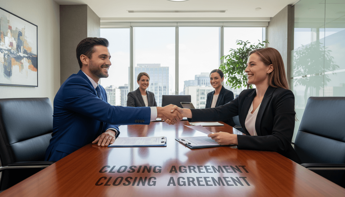 Handshake between buyer and seller at a real estate closing table