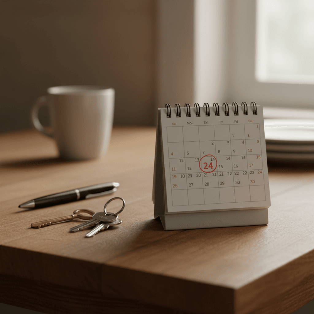 A calendar with a date circled next to a set of house keys on a table
