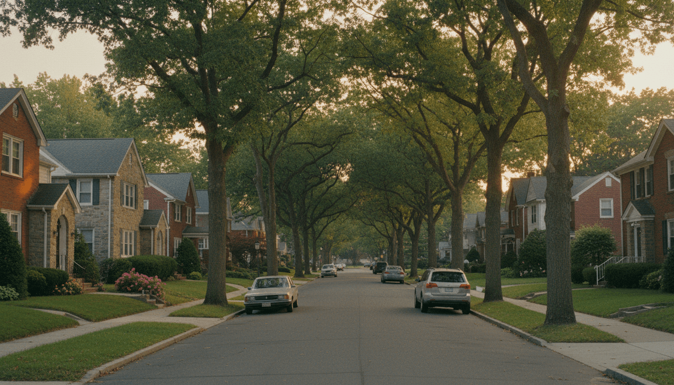 Quiet suburban street in New Jersey lined with older homes and trees