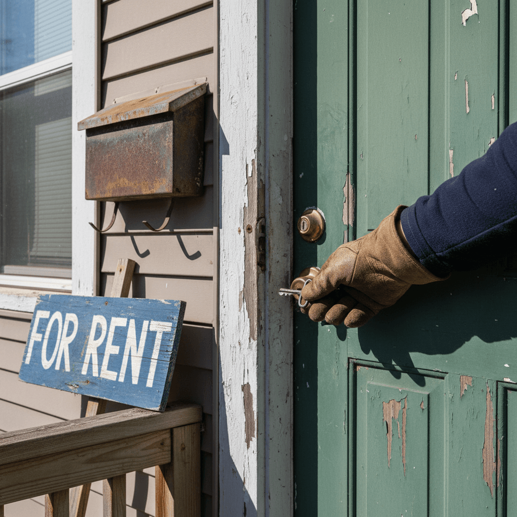 Landlord unlocking a worn rental property door