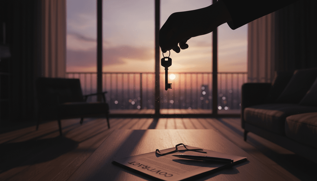 Hand holding house keys inside a bright, empty living room