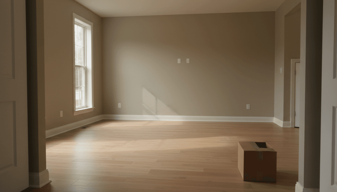 Bright empty living room of a cleared inherited home with fresh paint and wood floors