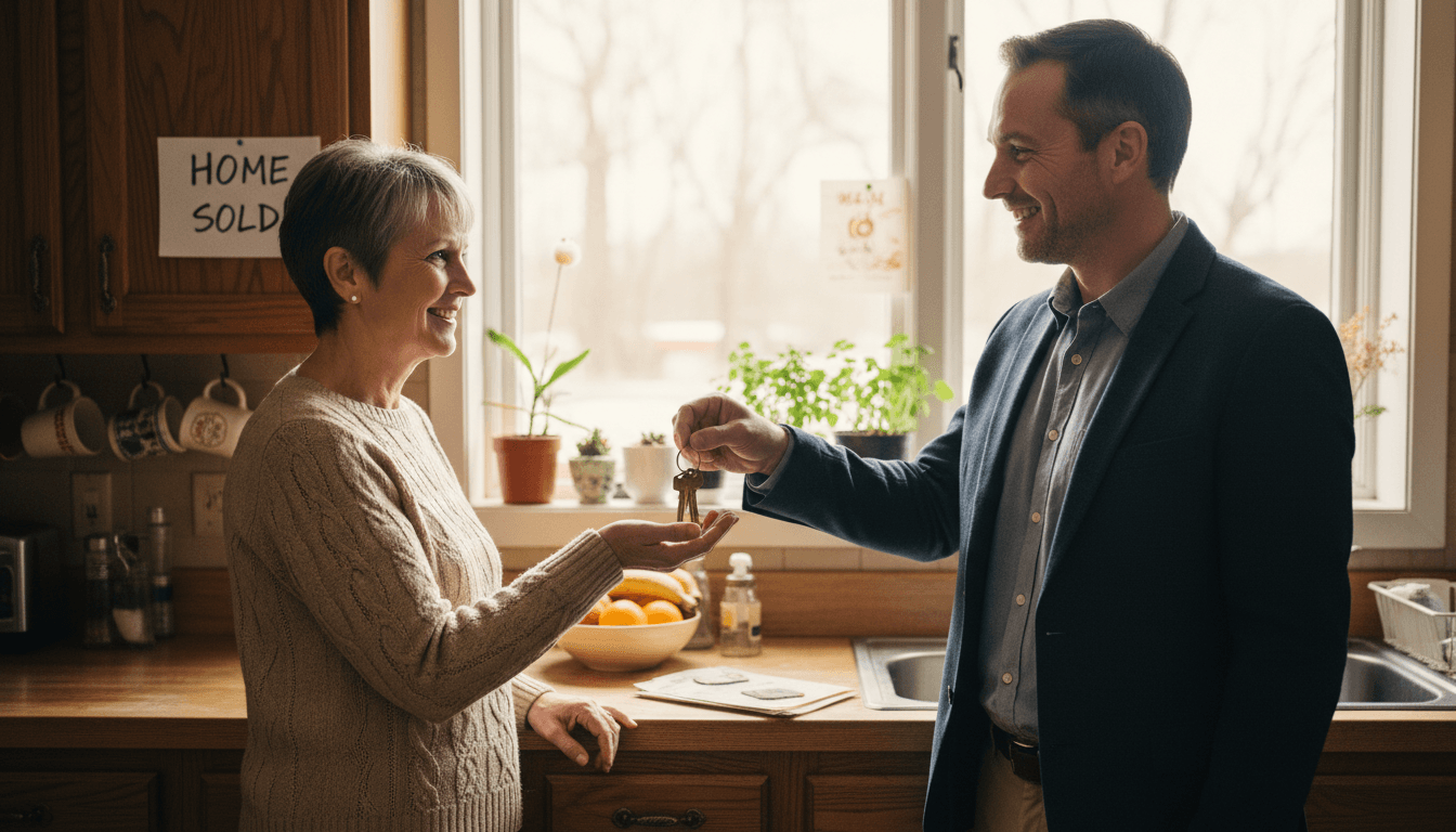 Homeowner handing keys to a cash buyer in a New Jersey home