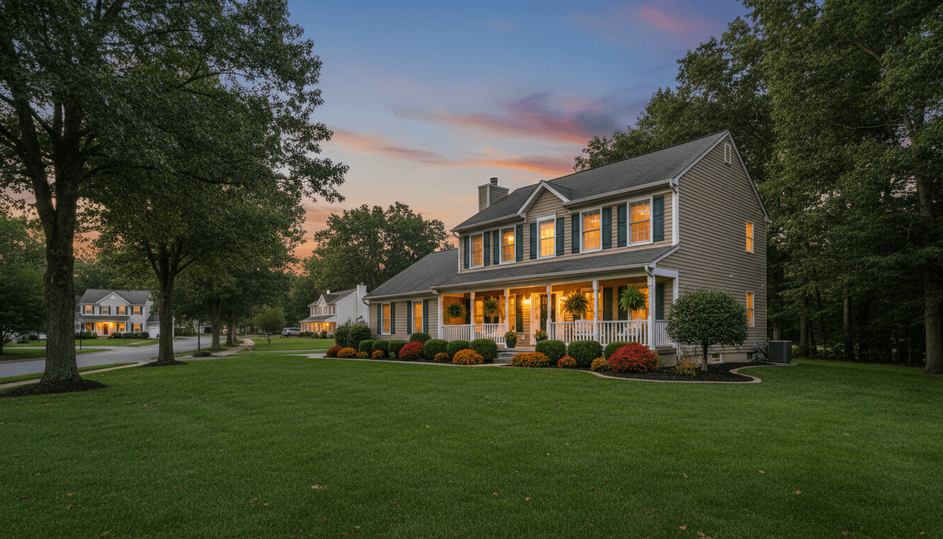 Well-maintained single-family rental home in a quiet South Jersey neighborhood at dusk