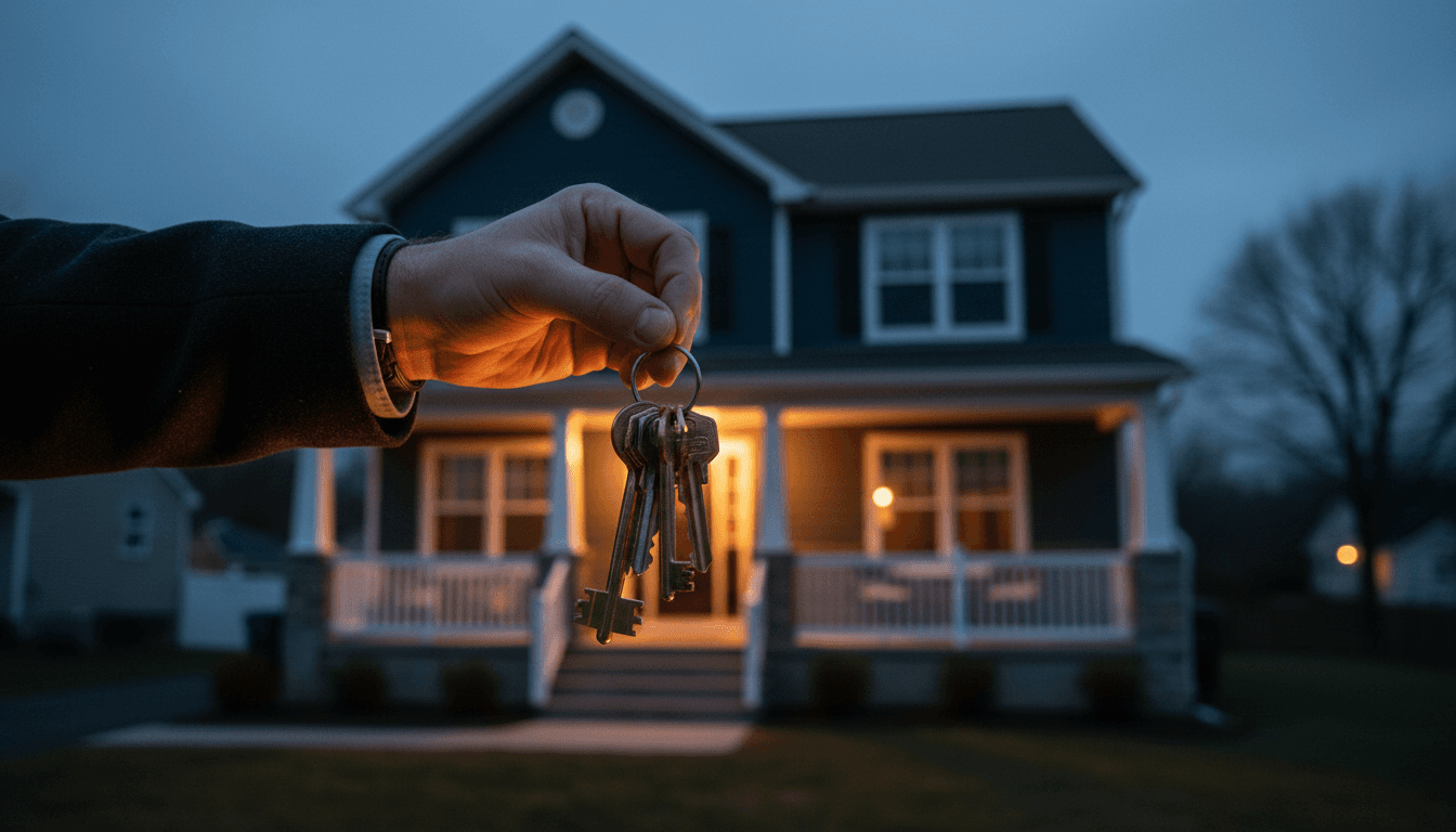 Hand holding house keys in front of a suburban home at dusk
