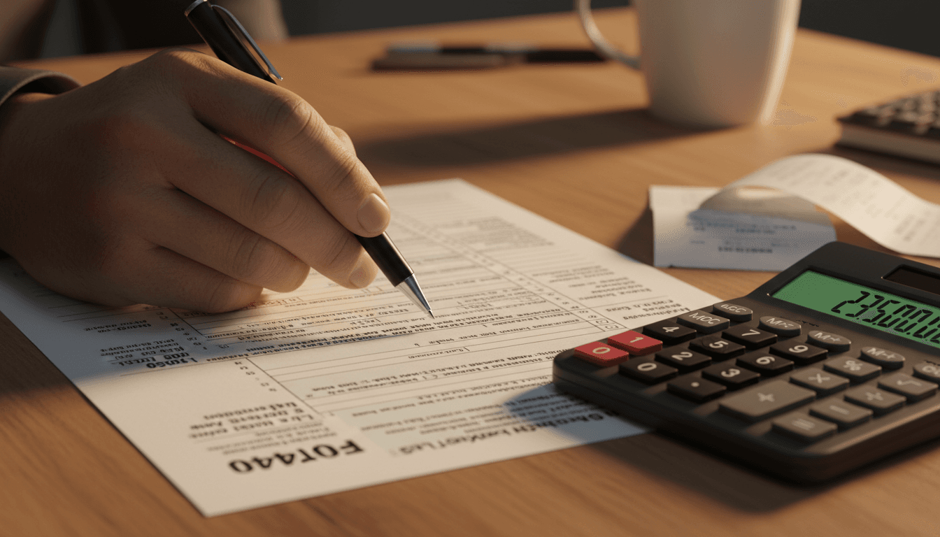 Hand reviewing a tax document with a calculator on a desk