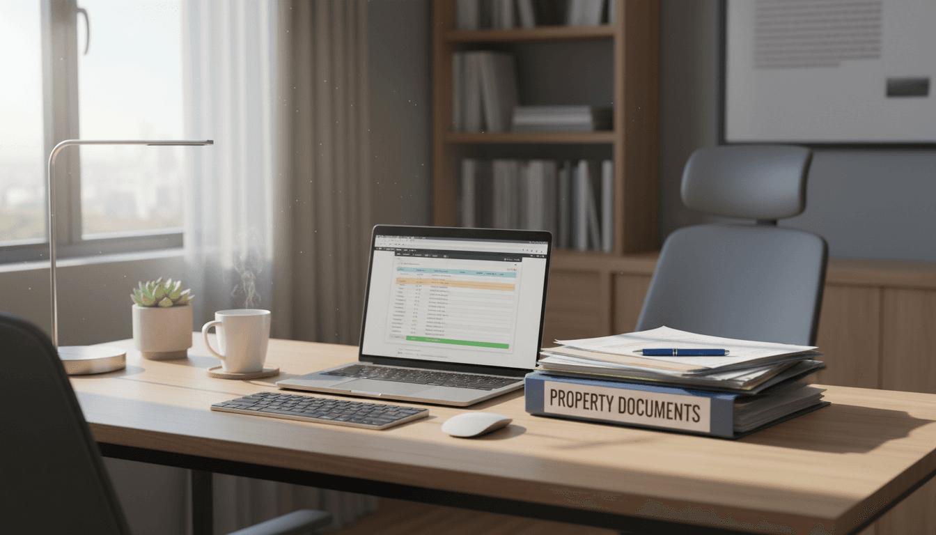 Home office desk with a laptop and printed property paperwork in soft morning light