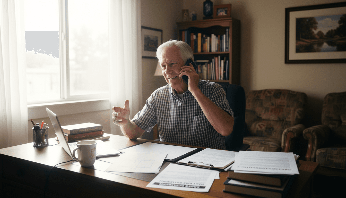 Older man on the phone in a home office with paperwork