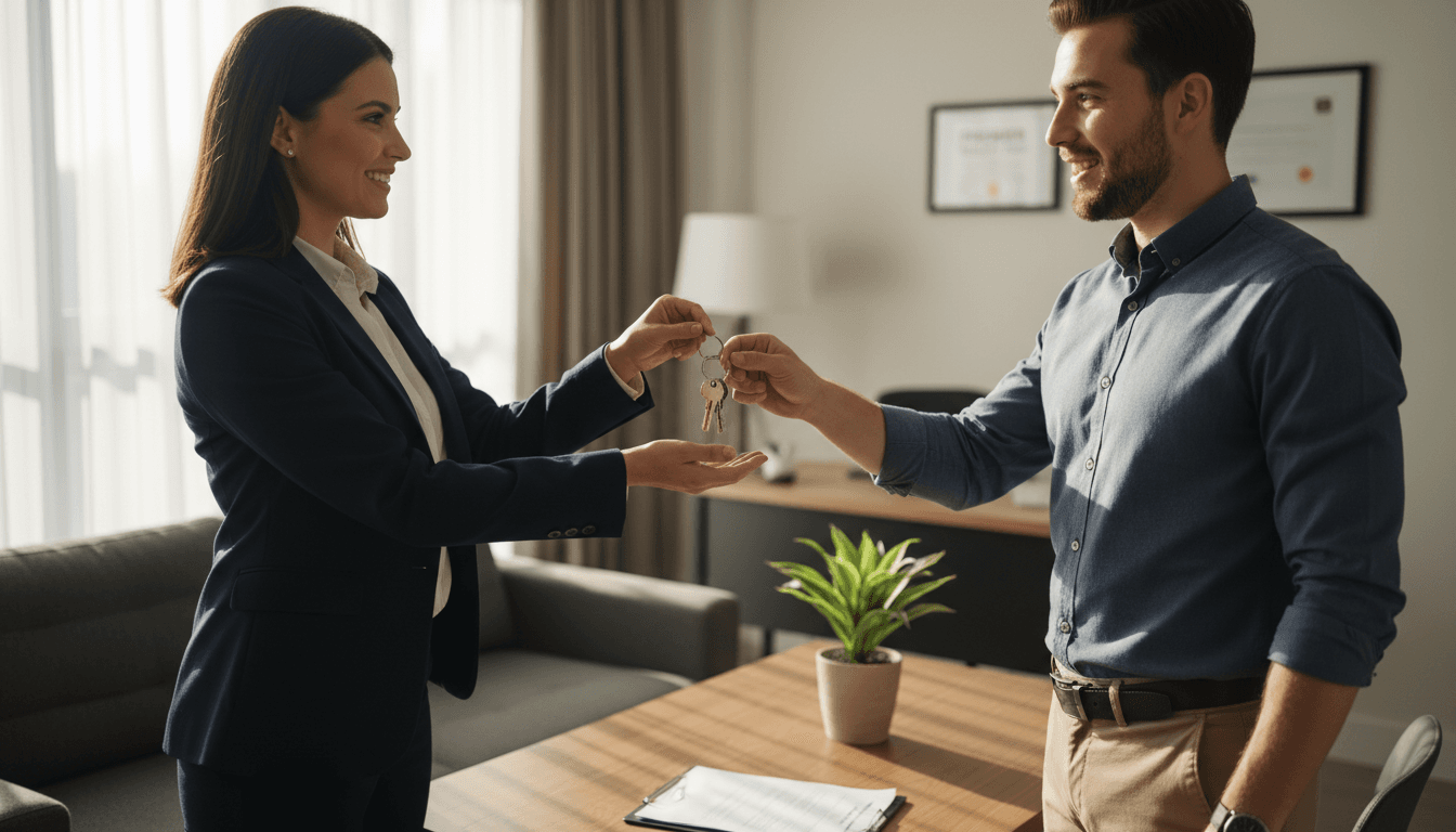 Property manager handing keys to a new tenant at a South Jersey rental home