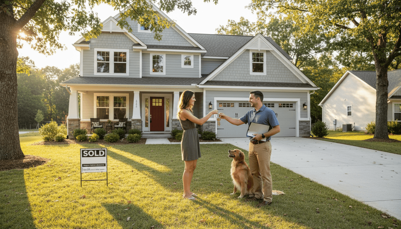 Handing over house keys to a buyer at the front door of a suburban home