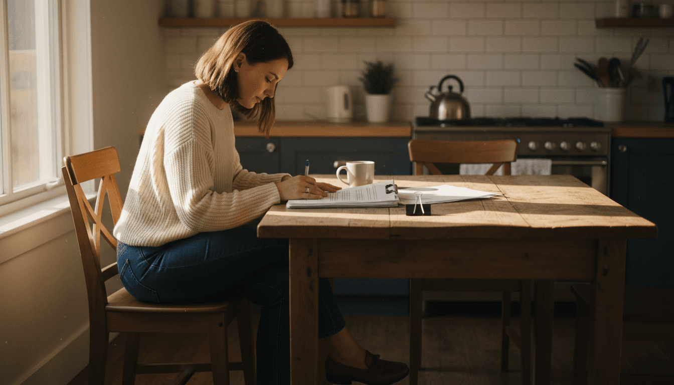 Person reviewing estate documents at a kitchen table with soft natural light