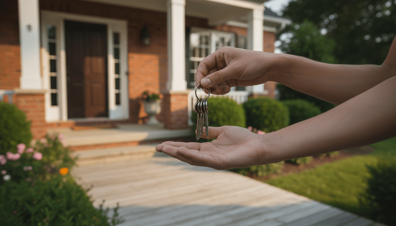 Homeowner accepting house keys from a buyer on a sunlit front porch