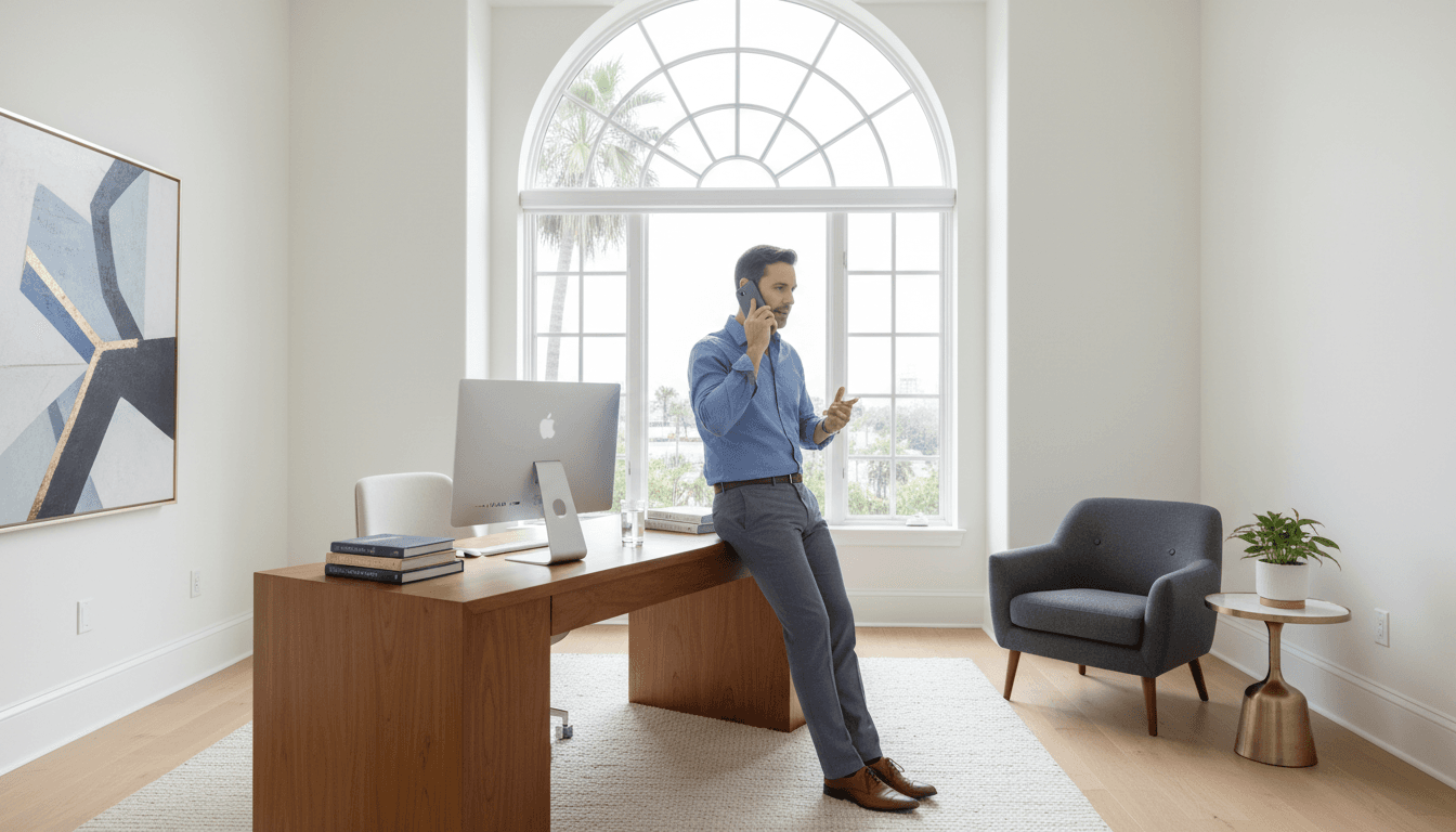 Man in a bright home office on a phone call, looking relaxed