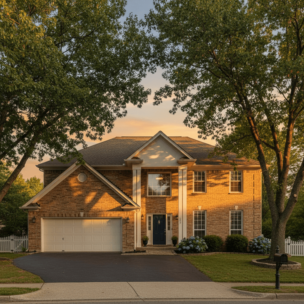 Brick front single-family house with driveway and mature trees in Ewing Township