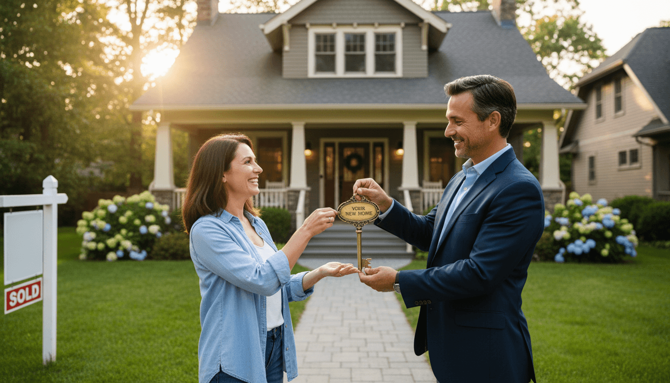 Happy homeowner receiving keys from a real estate investor outside a house