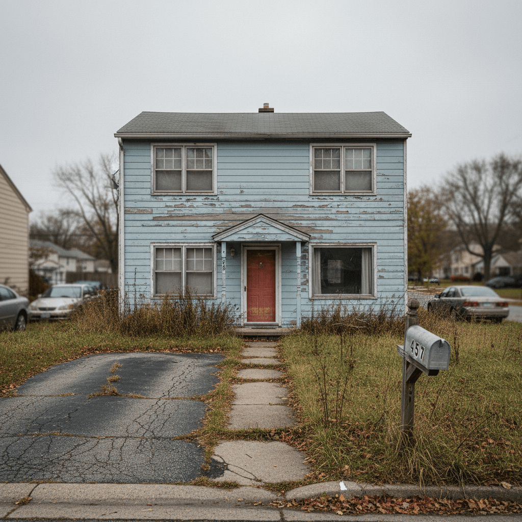 Two-story suburban house with peeling paint and overgrown yard