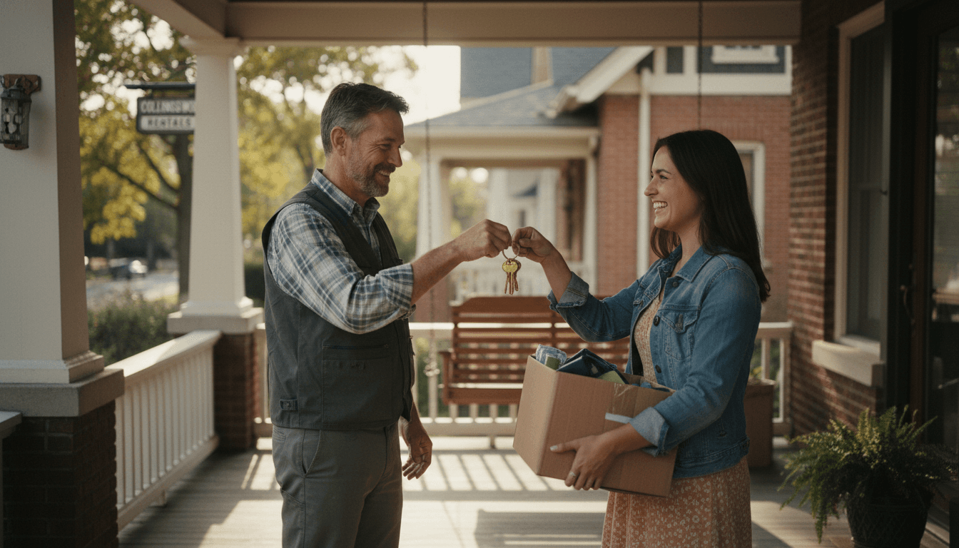 Property manager handing keys to a new tenant on a front porch