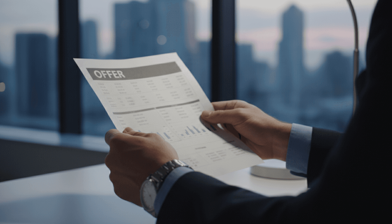 Hands holding a real estate offer sheet with figures visible