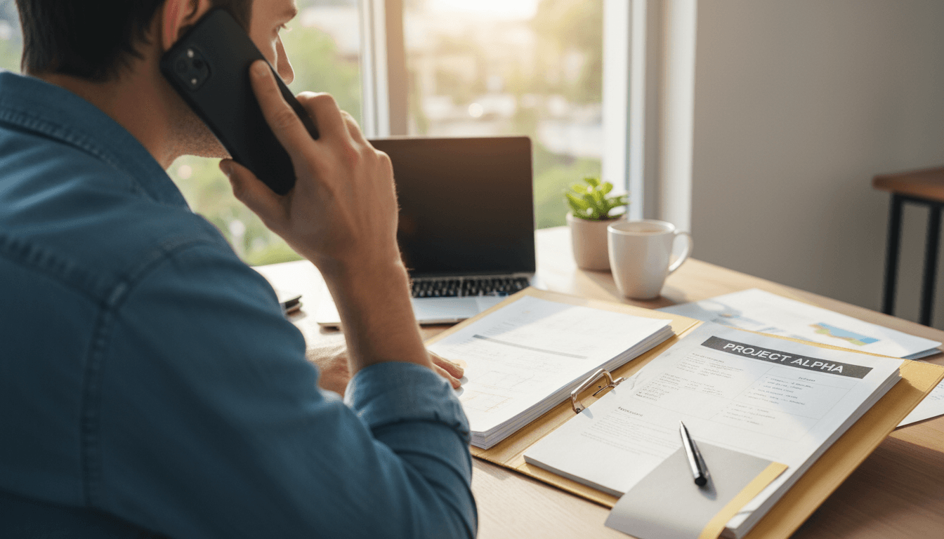 Homeowner on the phone with a cash home buyer in a bright home office