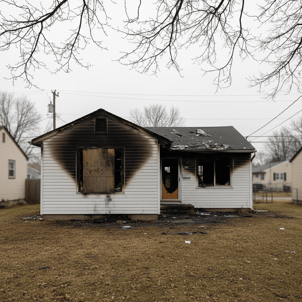 House with fire damage, scorched siding, and boarded windows