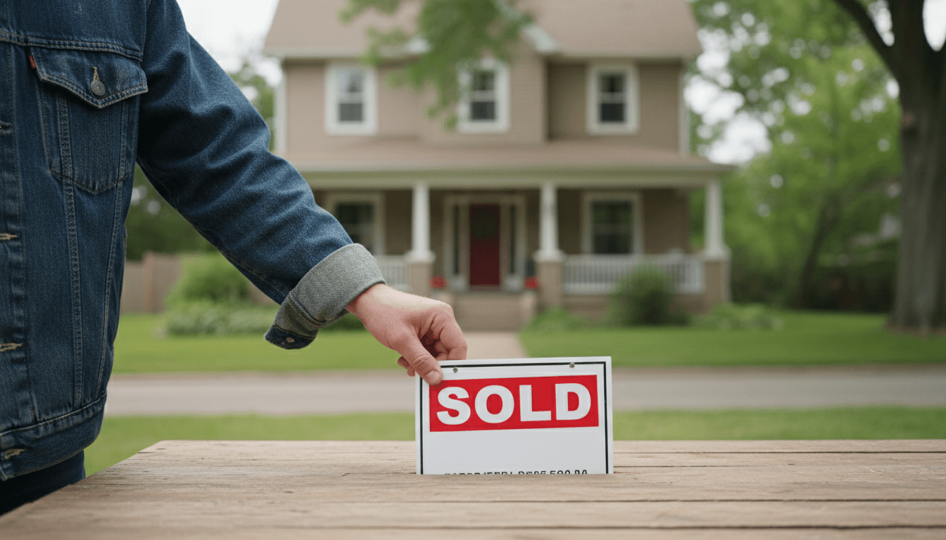 Hand placing a sold sign beside a set of house keys on a table with a home softly out of focus behind
