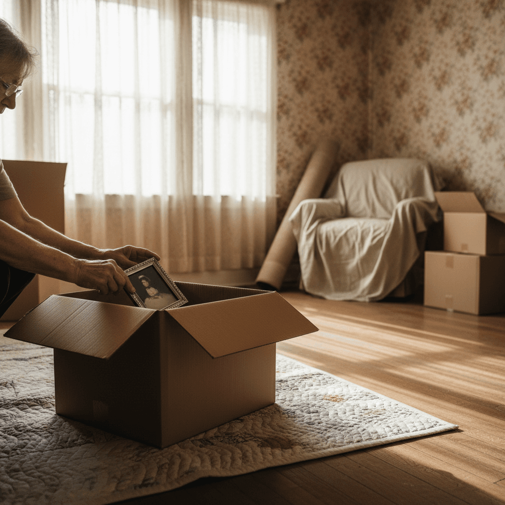 Hands placing a framed photo into a box in an empty room