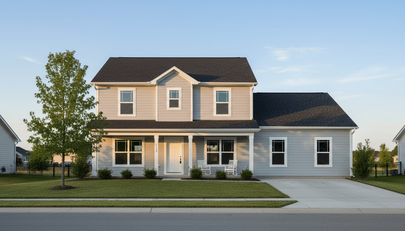 Suburban house with a tidy lawn and clear sky