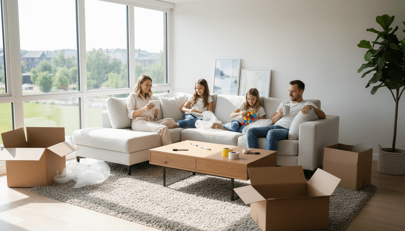 Tenant unpacking boxes in a bright, move-in-ready living room