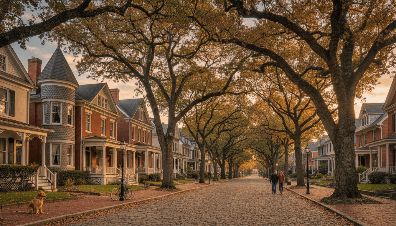 Historic homes with mature trees in a Collingswood-style neighborhood