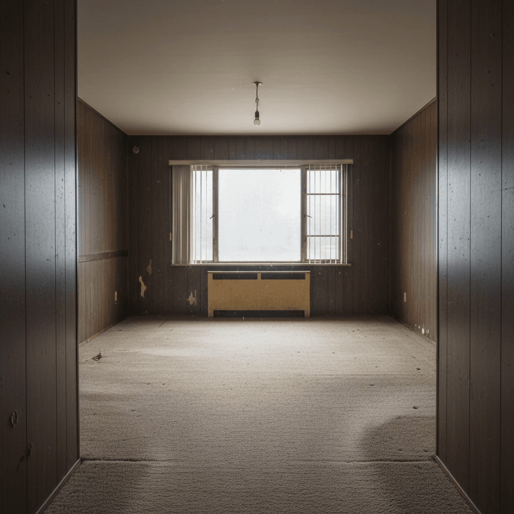 Outdated living room interior with worn carpet