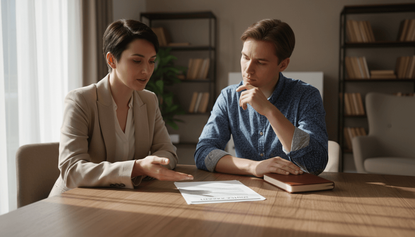 A quiet conversation over a property contract at a wooden table