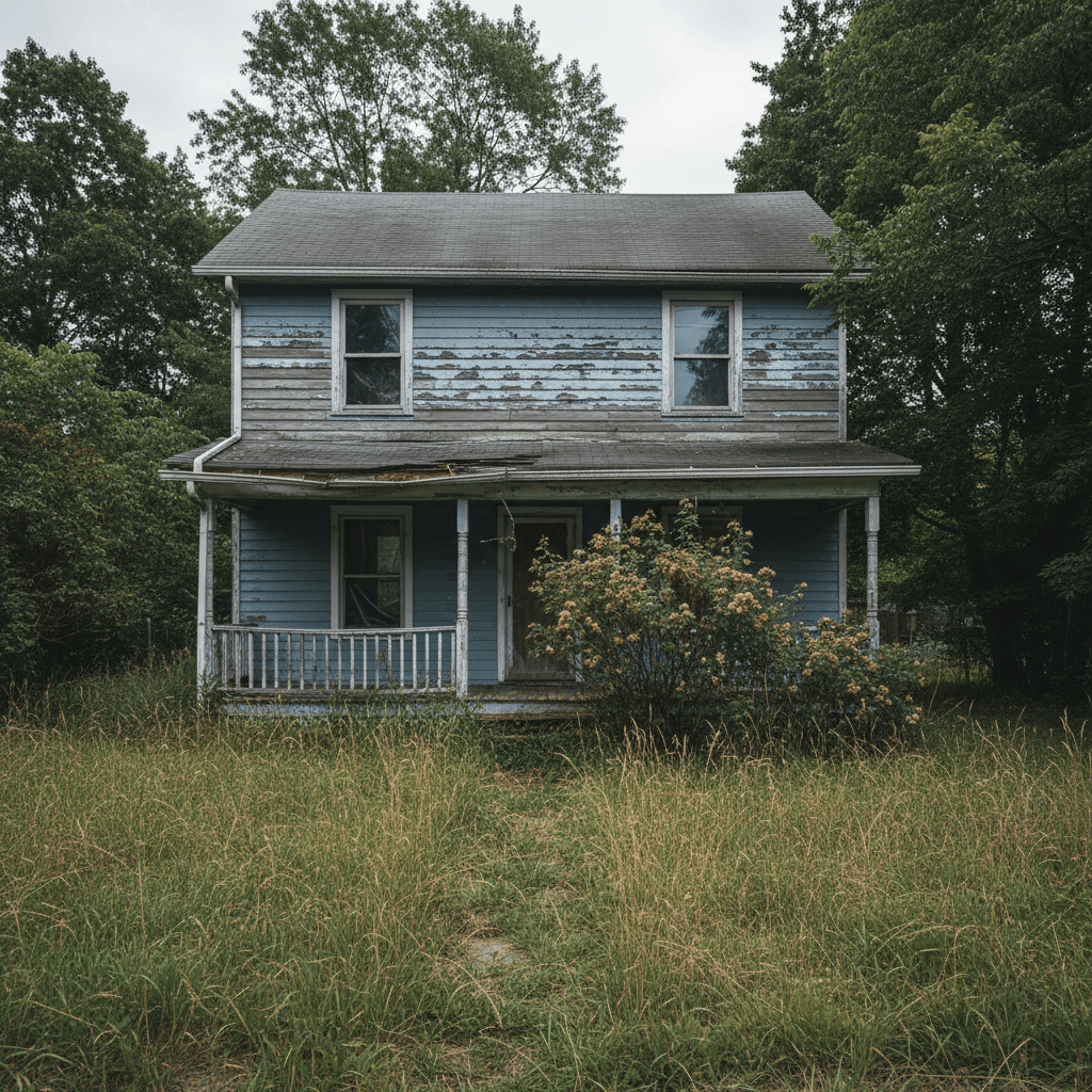 A worn house with peeling paint and an overgrown lawn