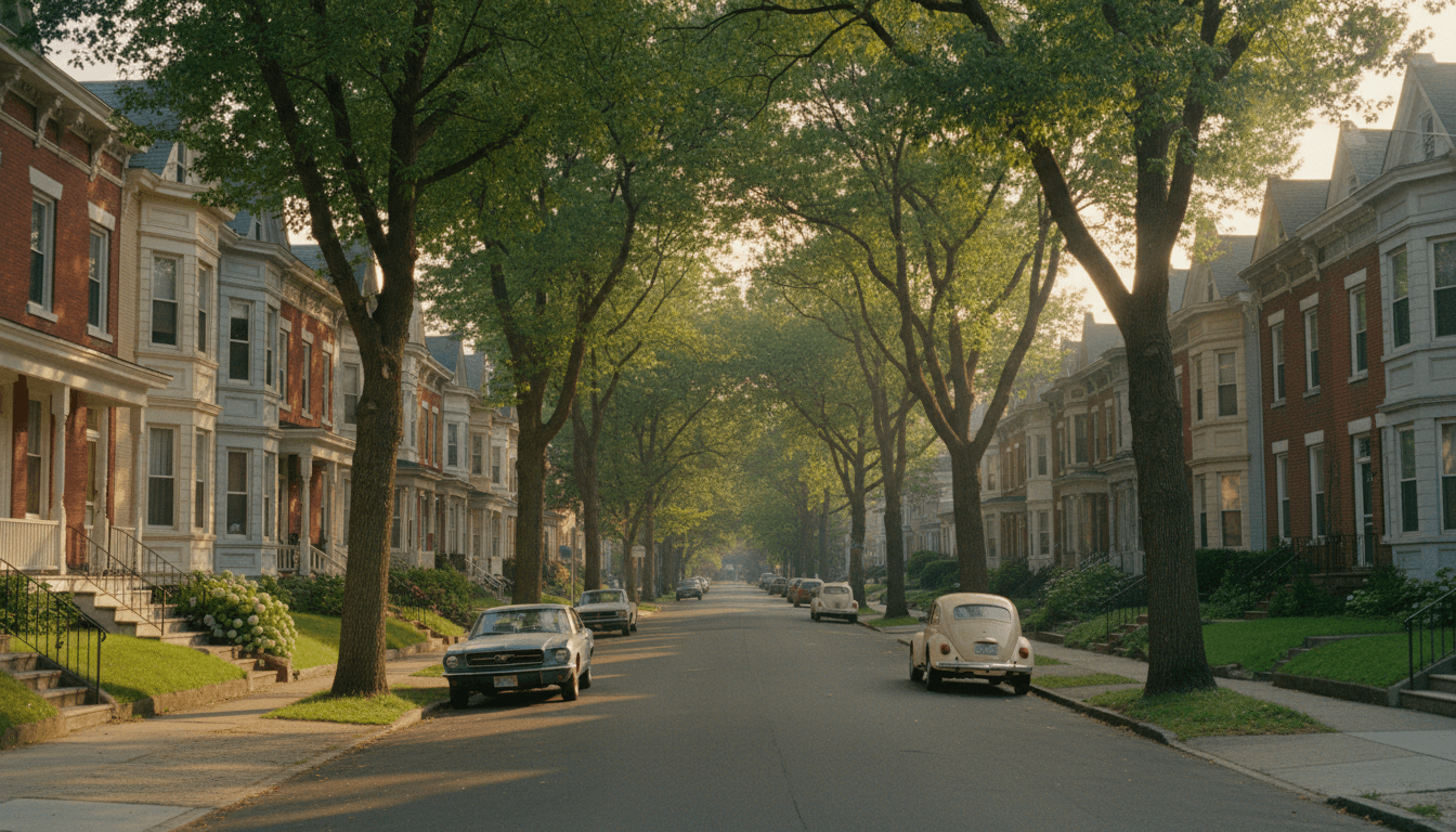 Residential street in a New Jersey town with classic rowhomes and trees