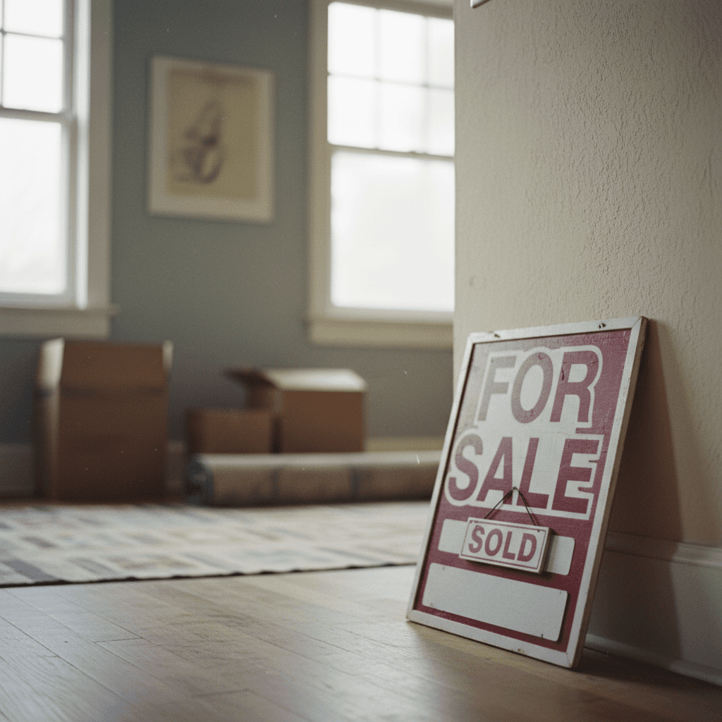 A for sale sign leaning against an interior wall