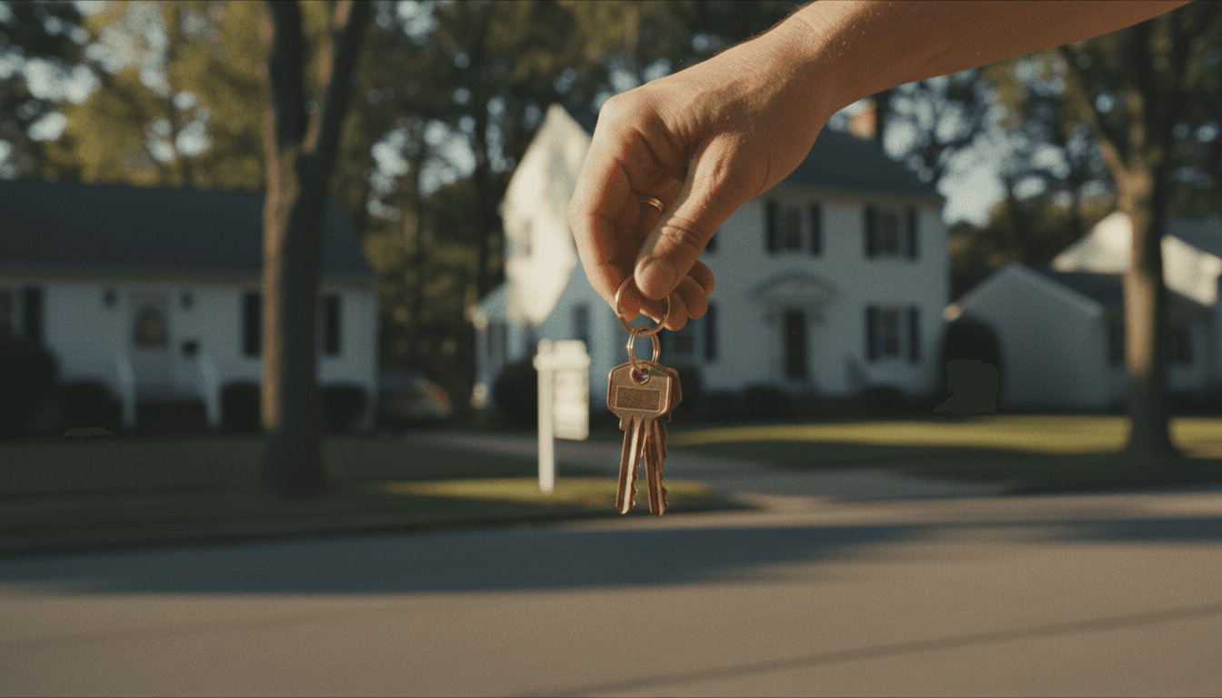 Hand holding house keys in front of a suburban home