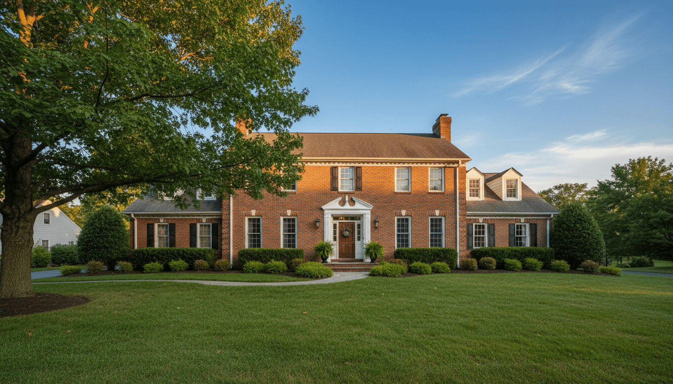 Brick colonial home in a New Jersey suburb with a sunny lawn and mature trees
