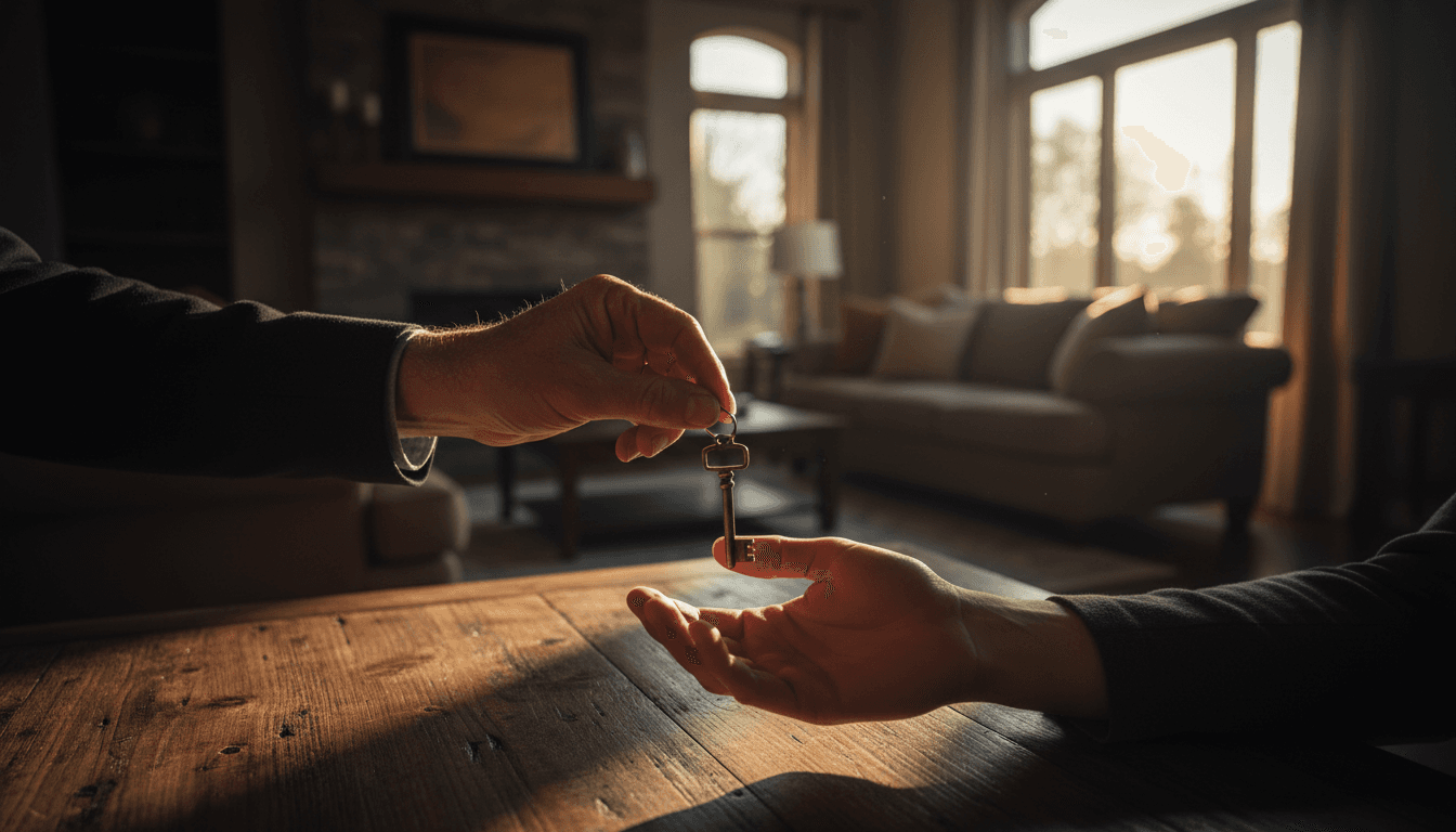 A property manager handing a house key to a renter across a wooden table